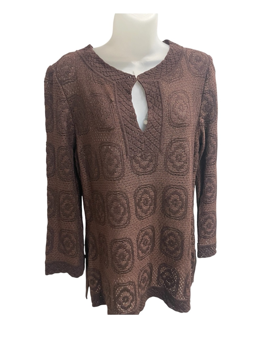 St. John Brown Crochet Knit Tunic with Keyhole Neckline
